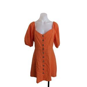 Current Boutique Medium Mini Shift Dress Orange Linen Button Up Short Sleeves